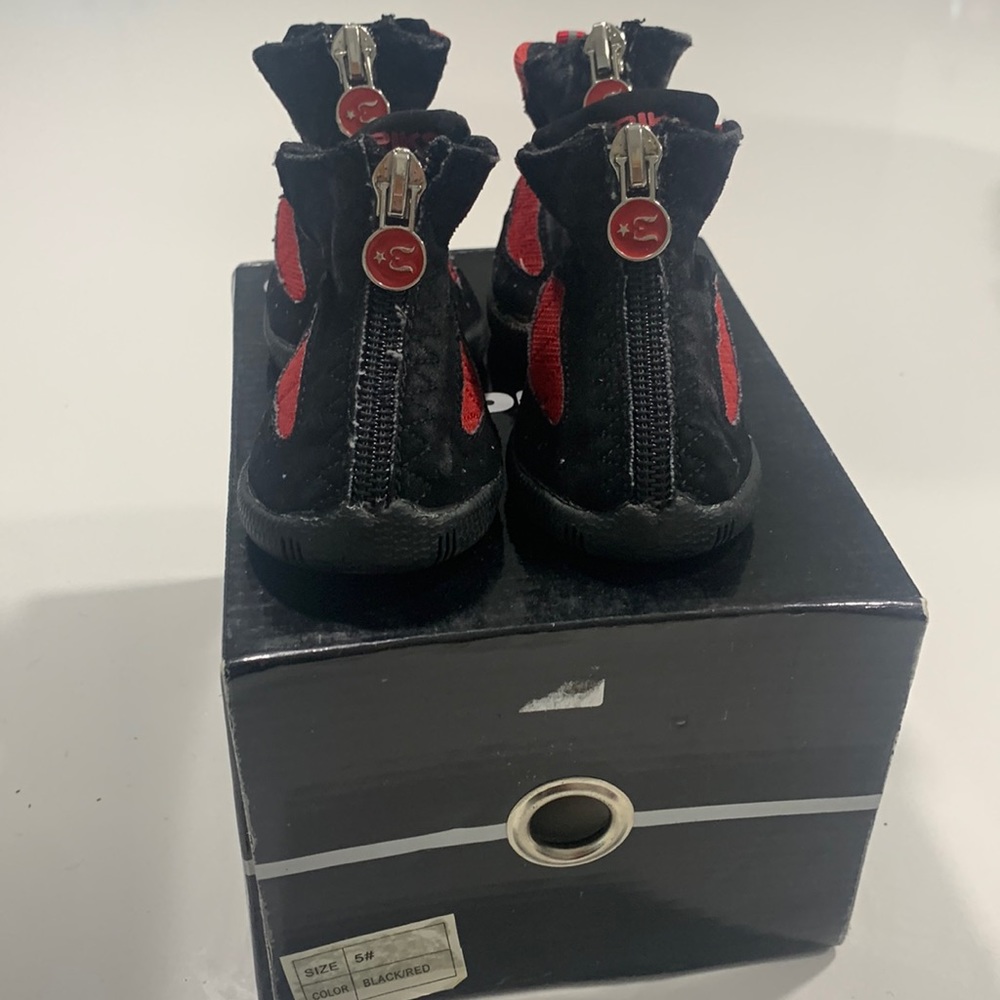 Epiks waterproof dog boots. Size 5. Black and red. Never used outside.